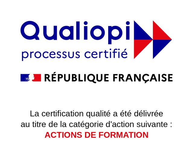 Qualiopi processus certifié, République française. La certification qualité a été délivrée au titre de la catégorie d’action suivante : actions de formation