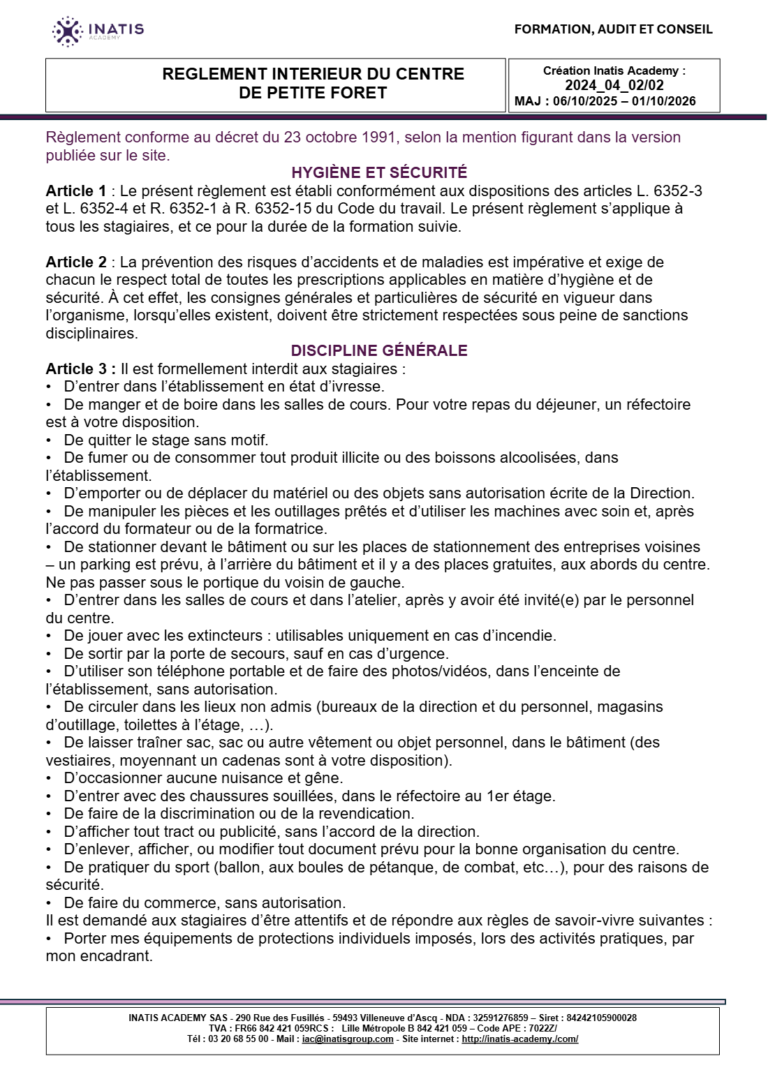 Règlement intérieur du centre de Petite-Forêt, mise à jour du 01/10/2026, page 1 sur 4