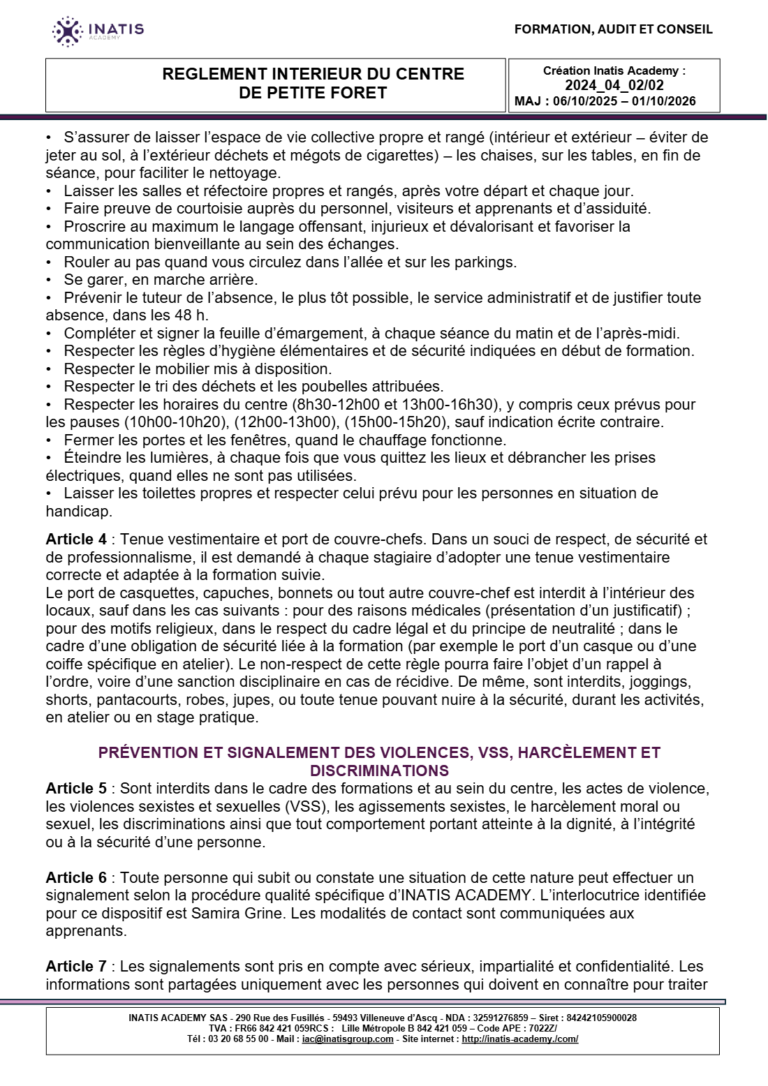 Règlement intérieur du centre de Petite-Forêt, mise à jour du 01/10/2026, page 2 sur 4