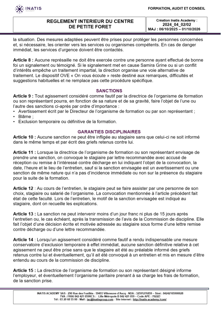 Règlement intérieur du centre de Petite-Forêt, mise à jour du 01/10/2026, page 3 sur 4