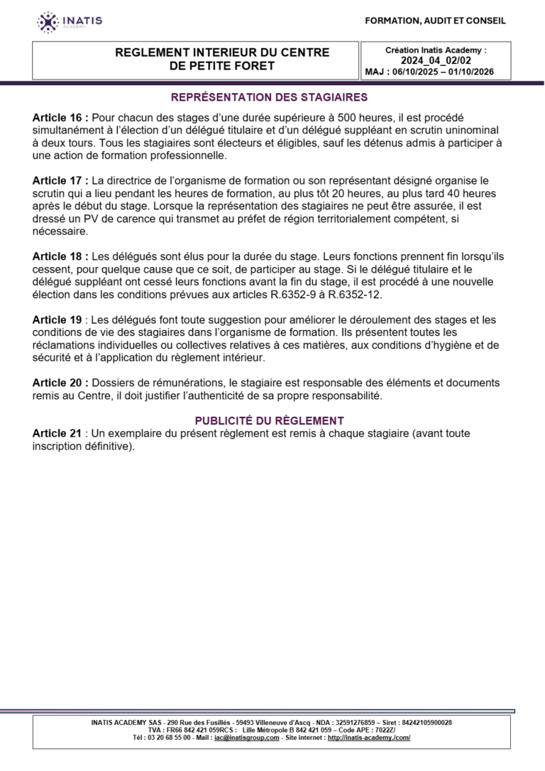 Règlement intérieur du centre de Petite-Forêt, mise à jour du 01/10/2026, page 4 sur 4